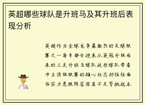 英超哪些球队是升班马及其升班后表现分析
