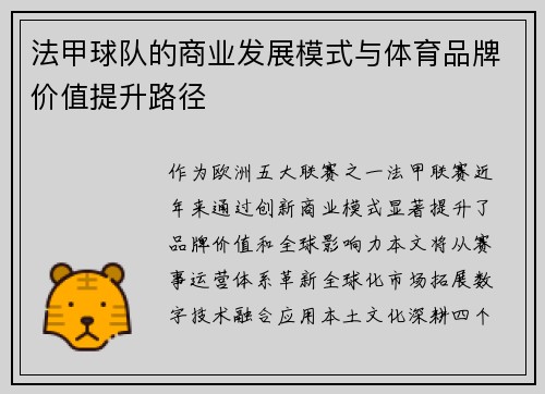 法甲球队的商业发展模式与体育品牌价值提升路径